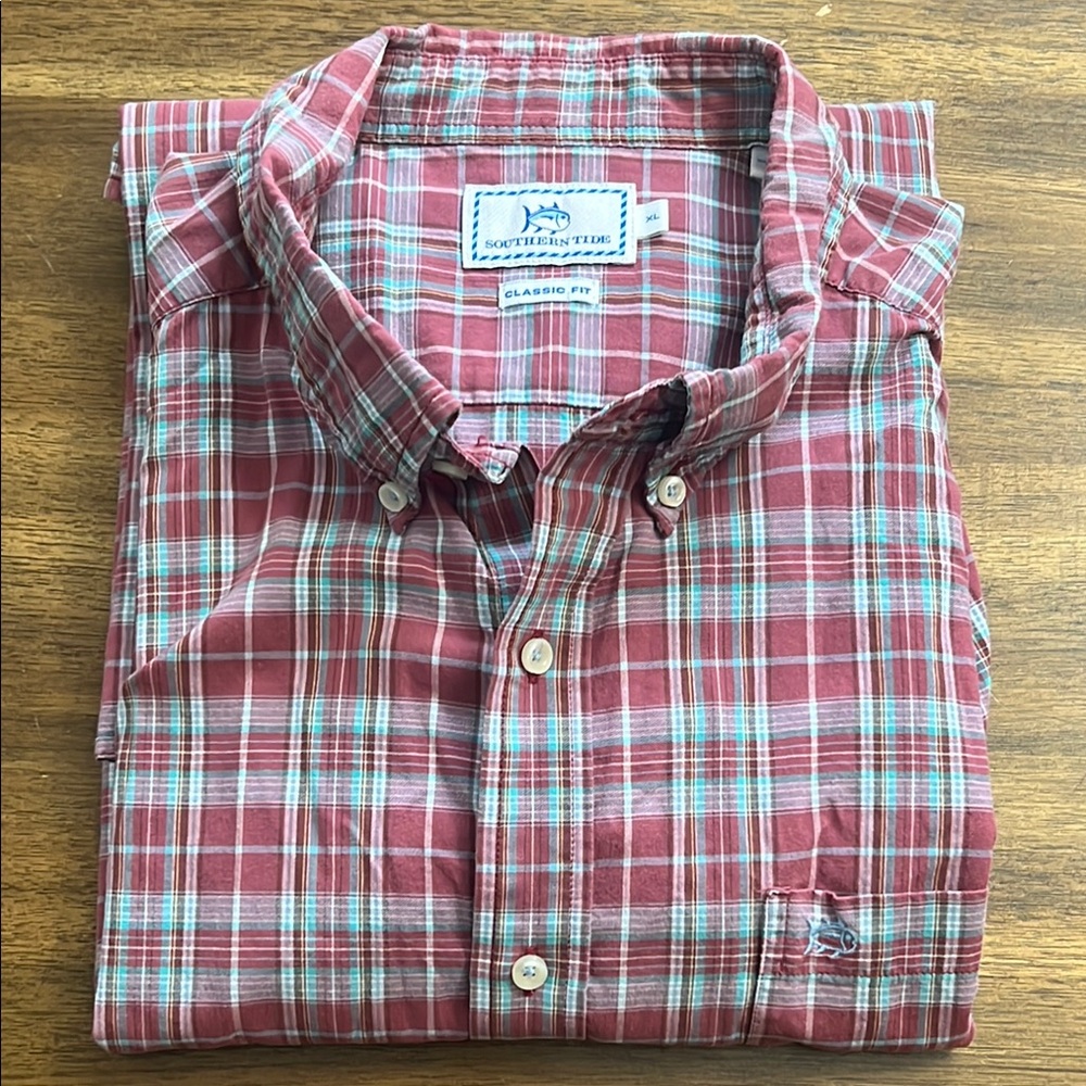 SOUTHERN TIDE Classic Fit Men's Plaid Long Sleeve Shirt ~ Red Blue ~ Size XL